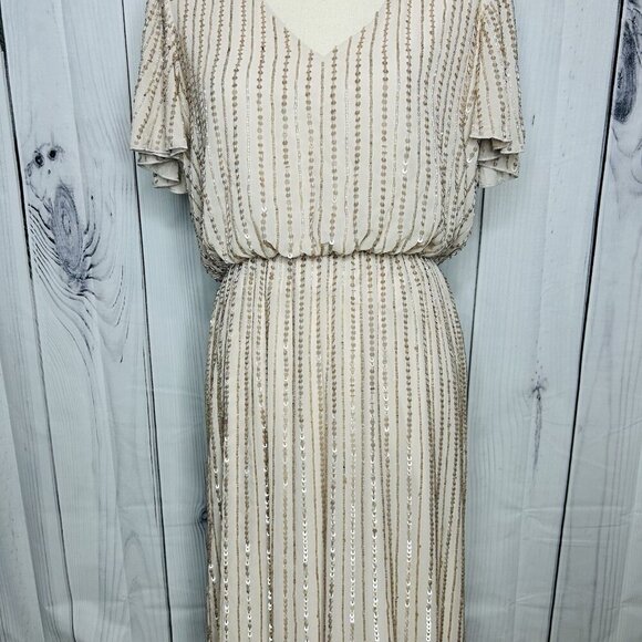 Show Me Your MuMu Sz L Michelle Flutter Dress Gown Show Me the Ring Beaded Beige - Picture 3 of 12